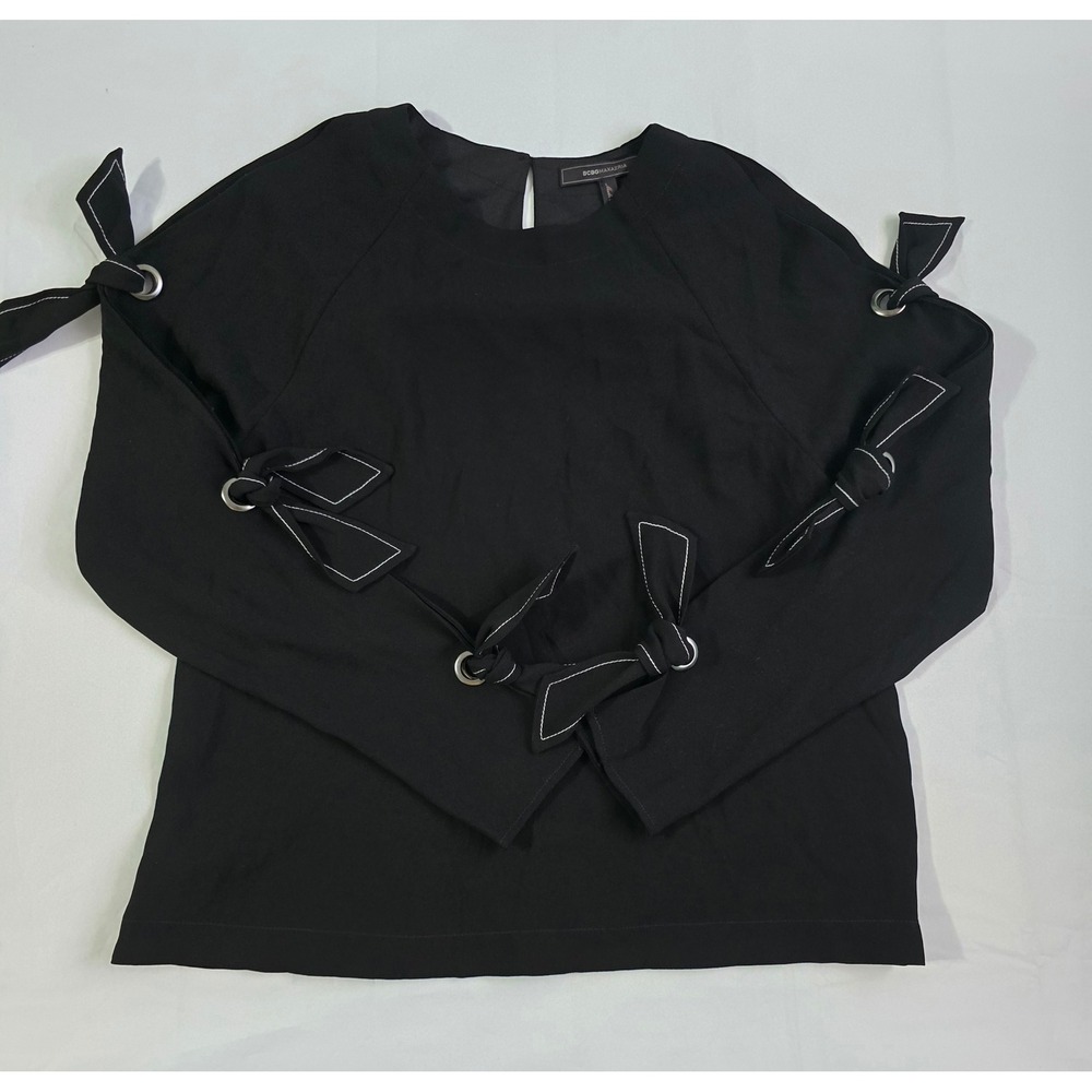 BCBGMAXAZRIA Black Grommet Tie Sleeve Blouse Crew Neck Top XS - Picture 2 of 16